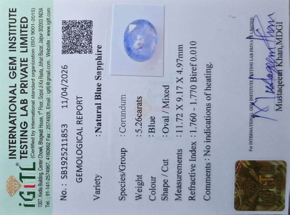Sri Lankan Blue Sapphire (Neelam) 5.26 Carat / 5.85 Ratti, Unheated and Untreated – No indications of treatment observed – IGITL certificate no. 21185