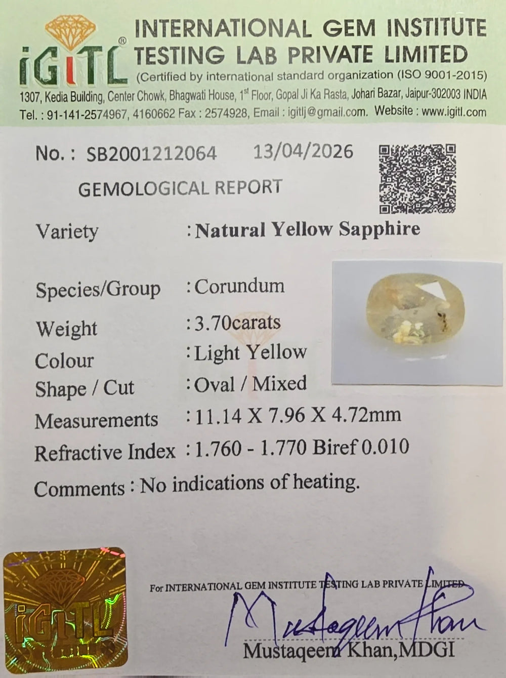 Sri Lankan Yellow Sapphire (Pukhraj) 3.7 Carat / 4.12 Ratti, Unheated and Untreated – No indications of treatment observed – IGITL certificate no. 212