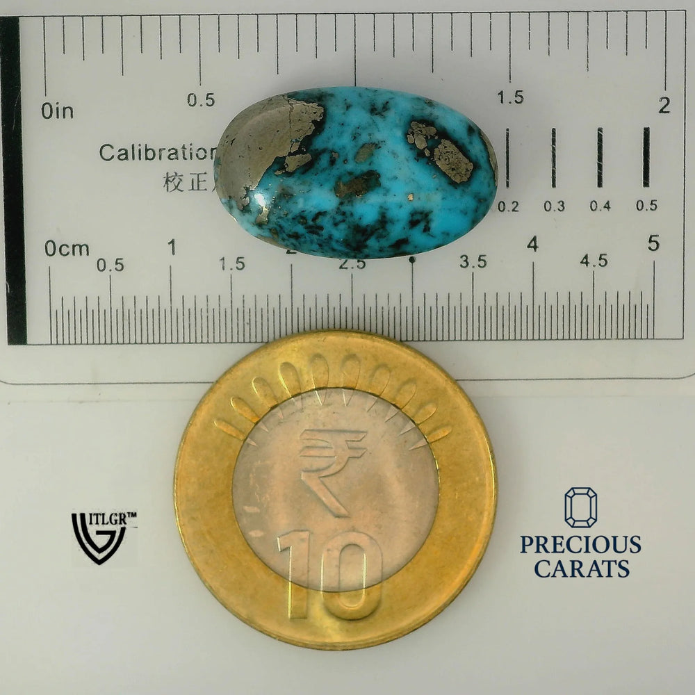 Irani Turquoise (Firoza) 17.82 Carat / 19.8 Ratti, Unheated and Untreated – No indications of treatment observed – shown against scale for size