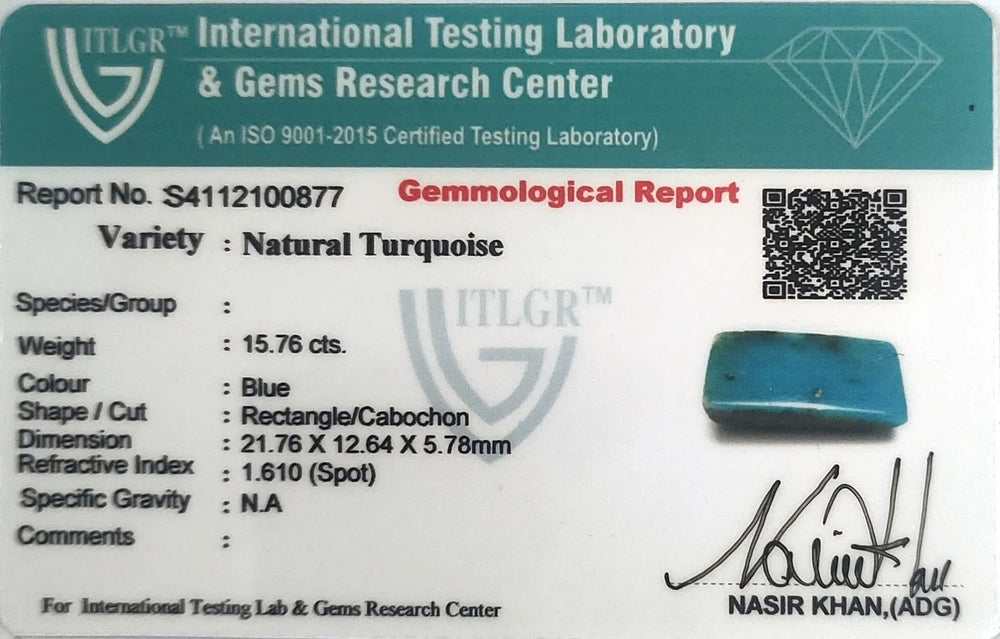 Irani Turquoise (Firoza) 15.76 Carat / 17.52 Ratti, Unheated and Untreated – No indications of treatment observed – ITLGR certificate no. 100877
