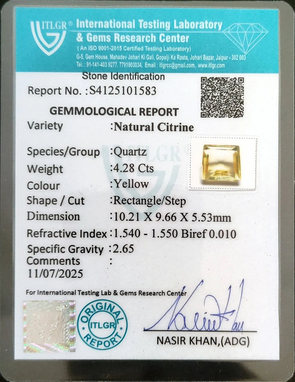 Brazilian Citrine 4.28 Carat / 4.76 Ratti, Unheated and Untreated – No indications of treatment observed – ITLGR certificate no. 101583