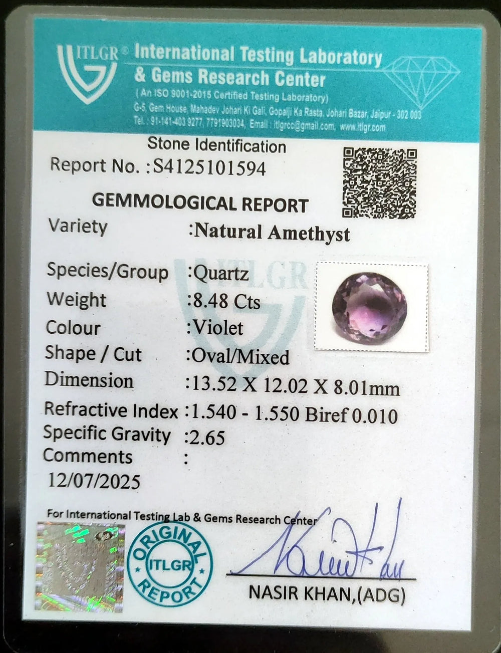 Brazilian Amethyst (Jamunia) 8.48 Carat / 9.43 Ratti, Unheated and Untreated – No indications of treatment observed – ITLGR certificate no. 101594