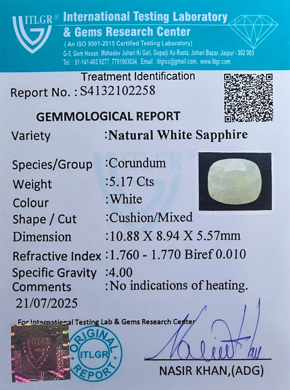 White Sapphire (Safed Pukhraj) 5.17 Carat / 5.75 Ratti, Unheated and Untreated – No indications of treatment observed – ITLGR certificate no. 102258