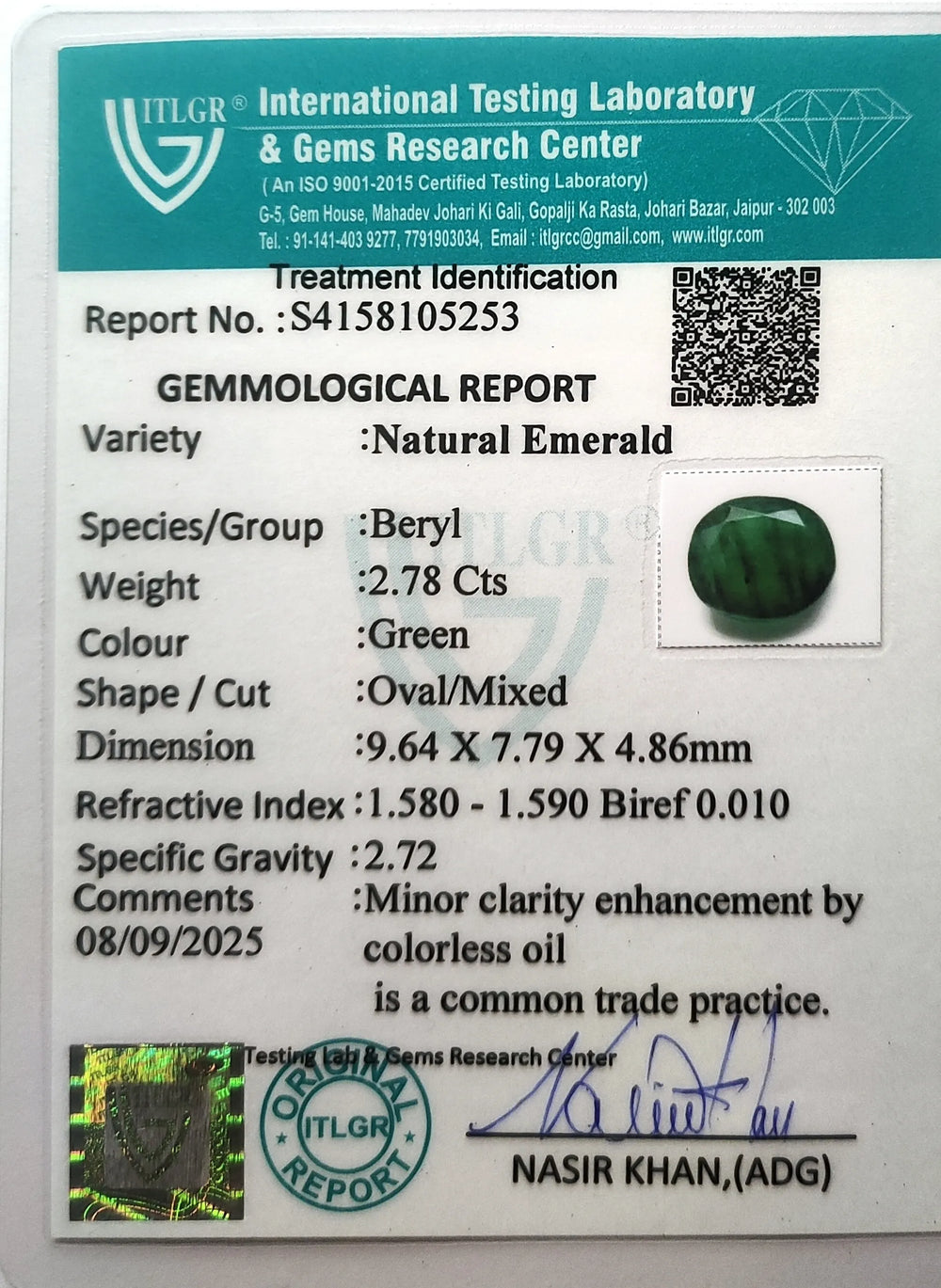 Zambian Emerald (Panna) 2.78 Carat / 3.09 Ratti, Minor Oil – ITLGR certificate no. 105253