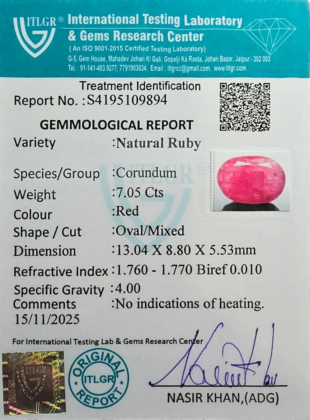 Mozambique Ruby (Manik) 7.05 Carat / 7.84 Ratti, Unheated and Untreated – No indications of treatment observed – ITLGR certificate no. 109894