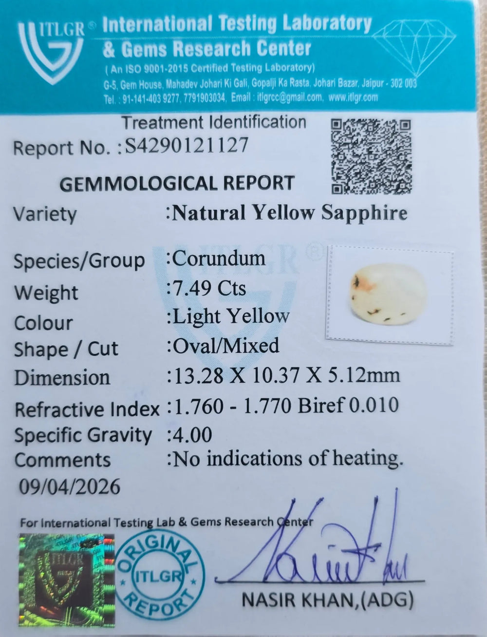 Yellow Sapphire (Pukhraj) 7.49 Carat / 8.33 Ratti, Unheated and Untreated – No indications of treatment observed – ITLGR certificate no. 121127