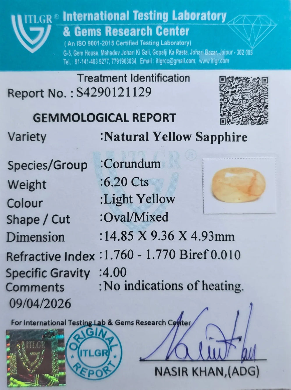 Yellow Sapphire (Pukhraj) 6.2 Carat / 6.89 Ratti, Unheated and Untreated – No indications of treatment observed – ITLGR certificate no. 121129