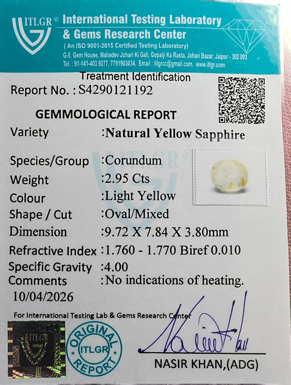 Sri Lankan Yellow Sapphire (Pukhraj) 2.95 Carat / 3.28 Ratti, Unheated and Untreated – No indications of treatment observed – ITLGR certificate no. 12