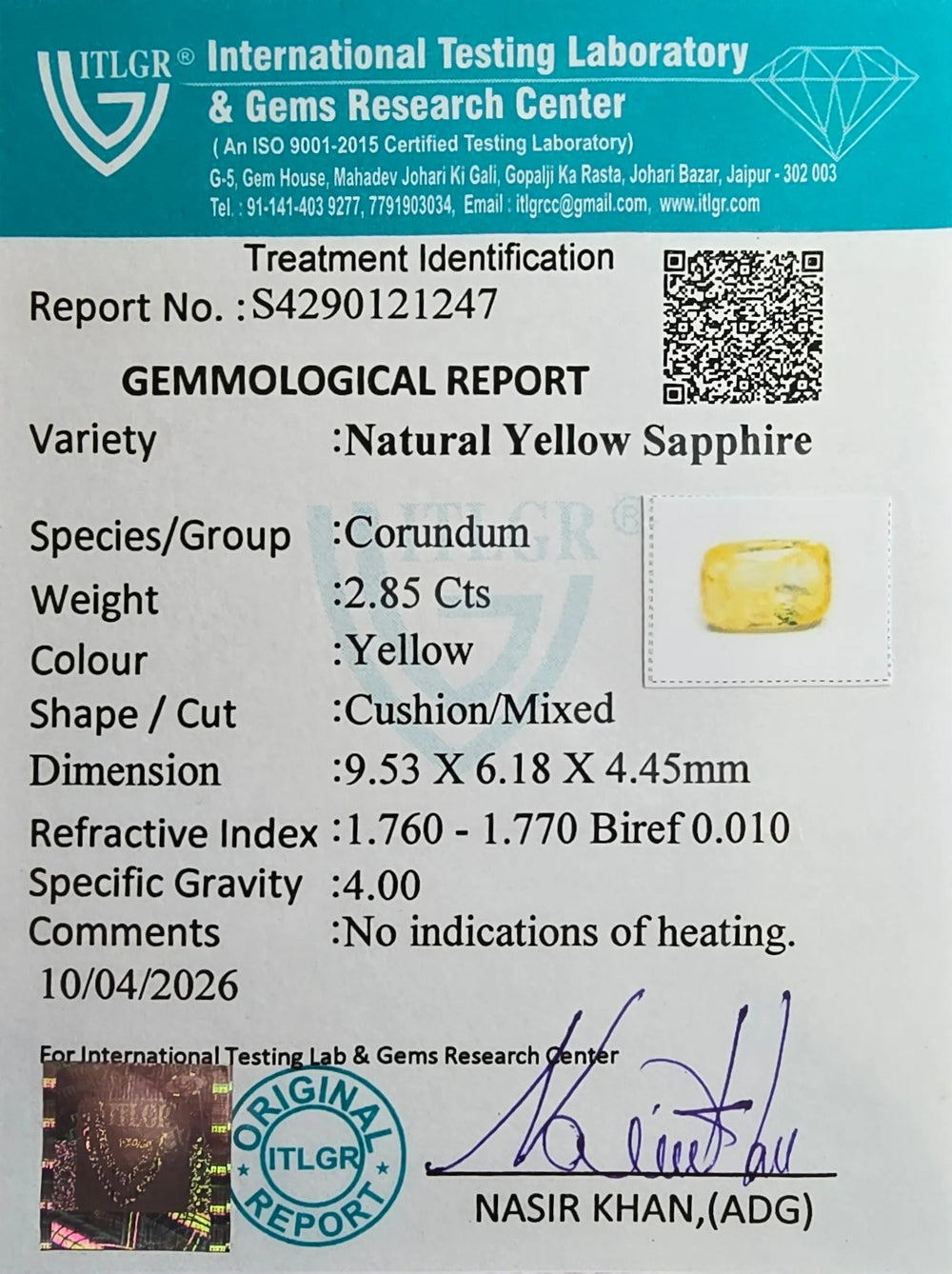 Sri Lankan Yellow Sapphire (Pukhraj) 2.85 Carat / 3.17 Ratti, Unheated and Untreated – No indications of treatment observed – ITLGR certificate no. 12