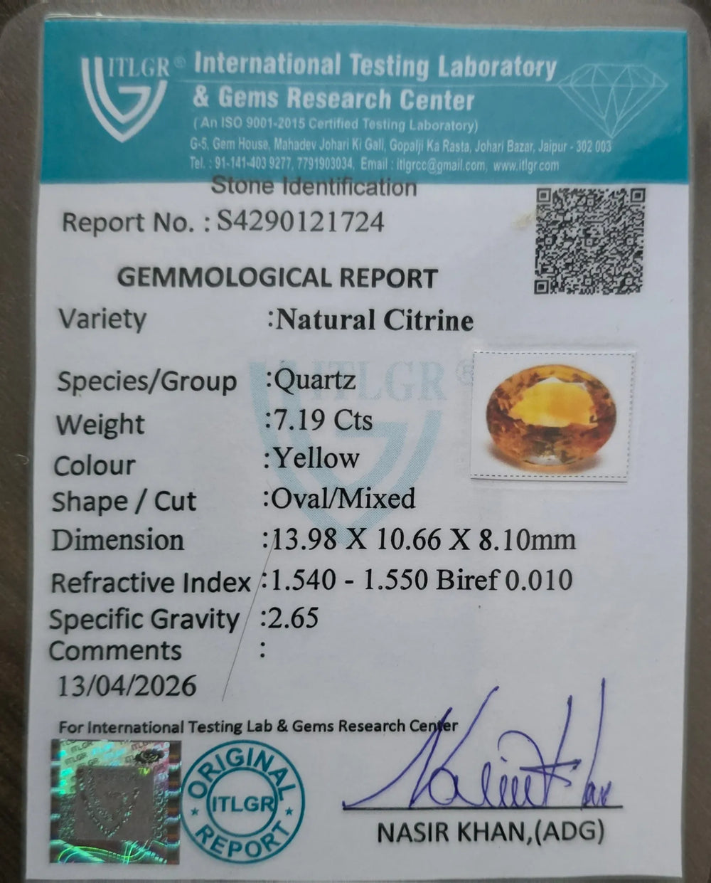 Brazilian Citrine 7.19 Carat / 7.99 Ratti, Unheated and Untreated – No indications of treatment observed – ITLGR certificate no. 121724