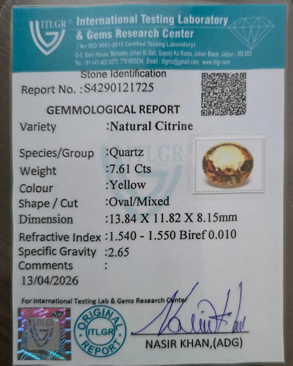Brazilian Citrine 7.61 Carat / 8.46 Ratti, Unheated and Untreated – No indications of treatment observed – ITLGR certificate no. 121725