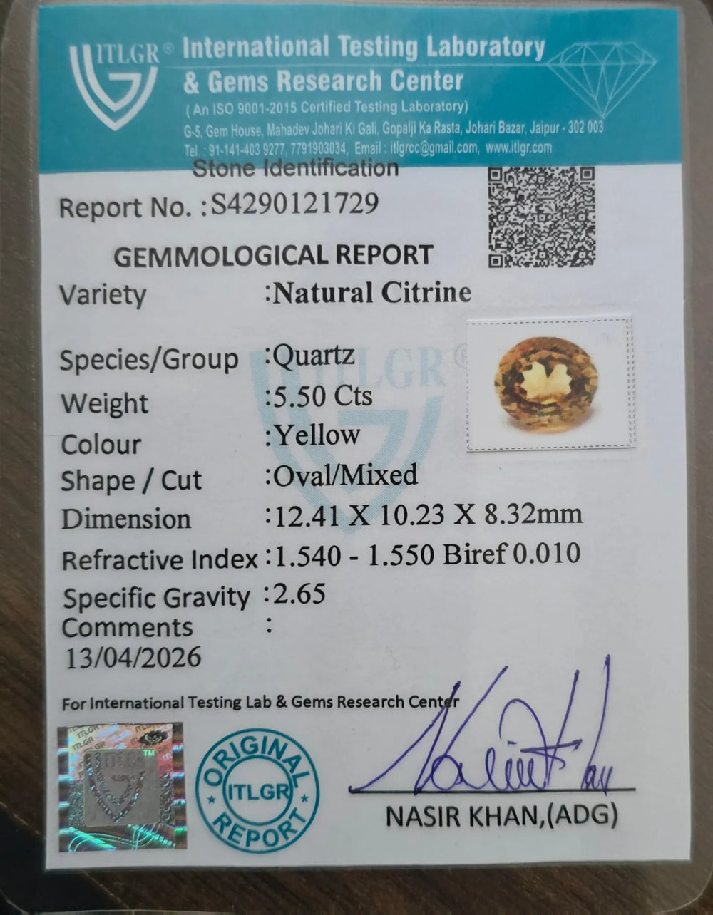 Brazilian Citrine 5.5 Carat / 6.12 Ratti, Unheated and Untreated – No indications of treatment observed – ITLGR certificate no. 121729