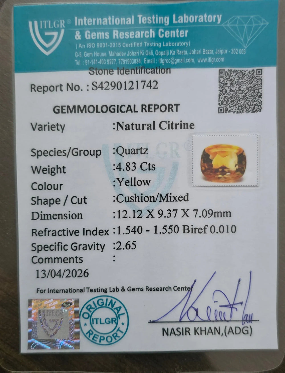 Brazilian Citrine 4.83 Carat / 5.37 Ratti, Unheated and Untreated – No indications of treatment observed – ITLGR certificate no. 121742