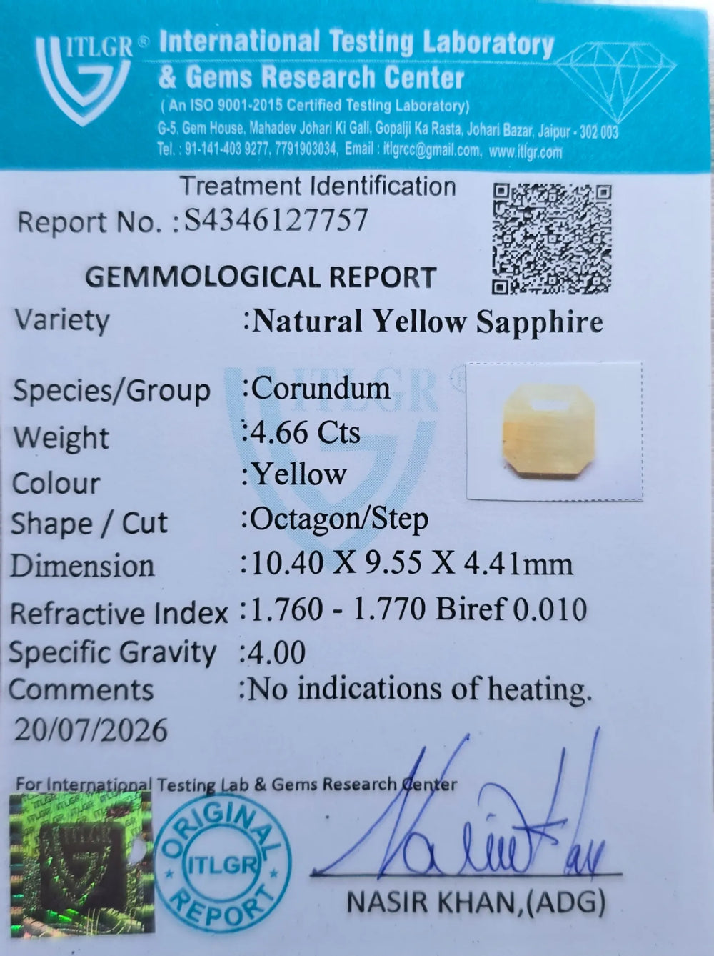 Yellow Sapphire (Pukhraj) 4.66 Carat / 5.18 Ratti, Unheated and Untreated – No indications of treatment observed – ITLGR certificate no. 127757