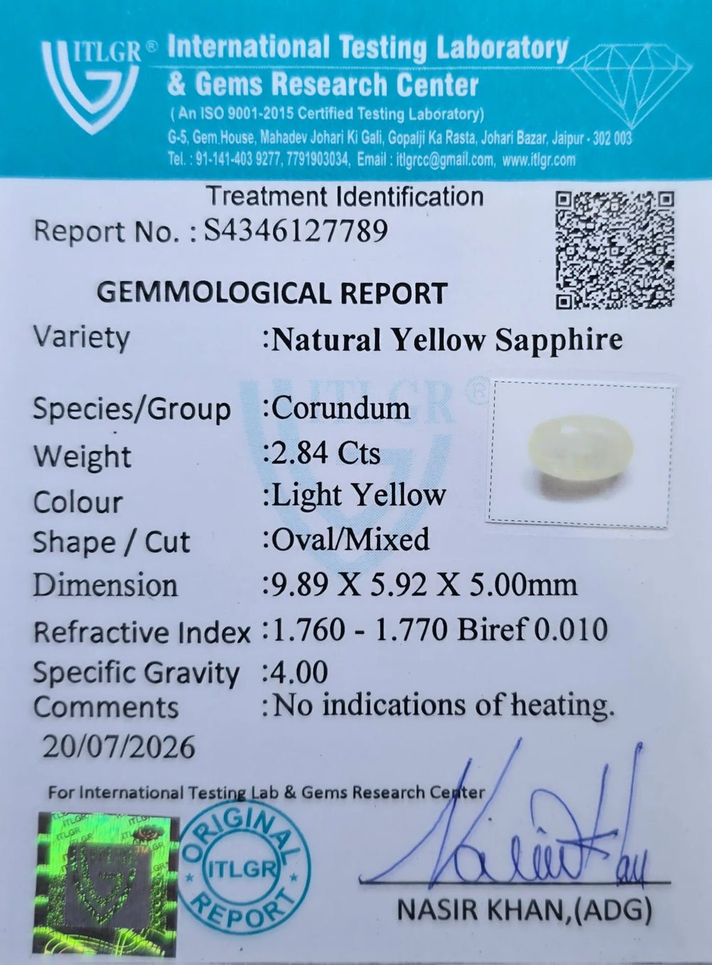 Sri Lankan Yellow Sapphire (Pukhraj) 2.84 Carat / 3.16 Ratti, Unheated and Untreated – No indications of treatment observed – ITLGR certificate no. 12