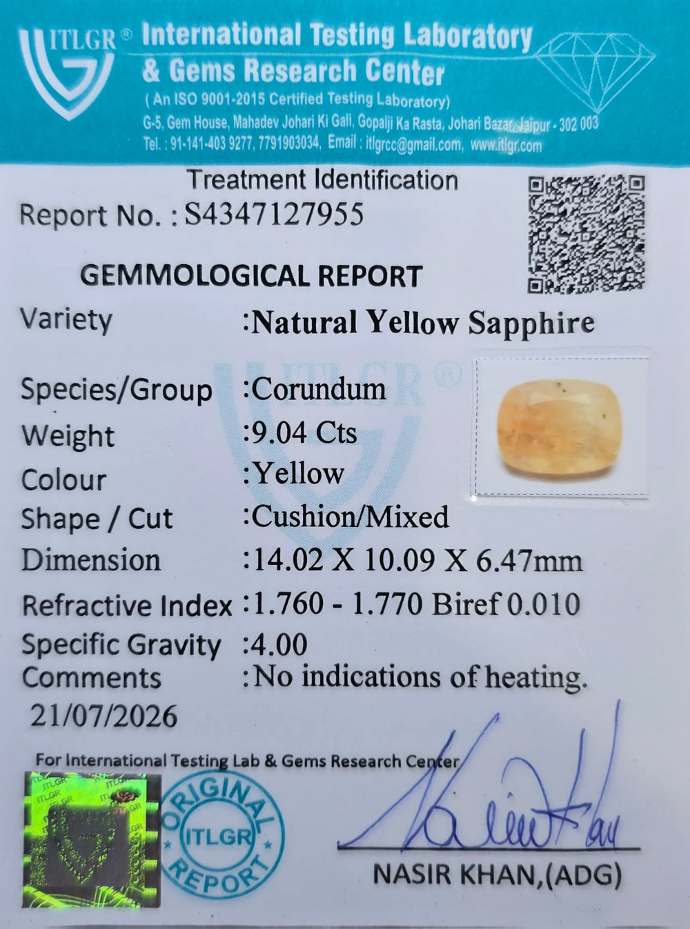 Sri Lankan Yellow Sapphire (Pukhraj) 9.04 Carat / 10.05 Ratti, Unheated and Untreated – No indications of treatment observed – ITLGR certificate no. 1
