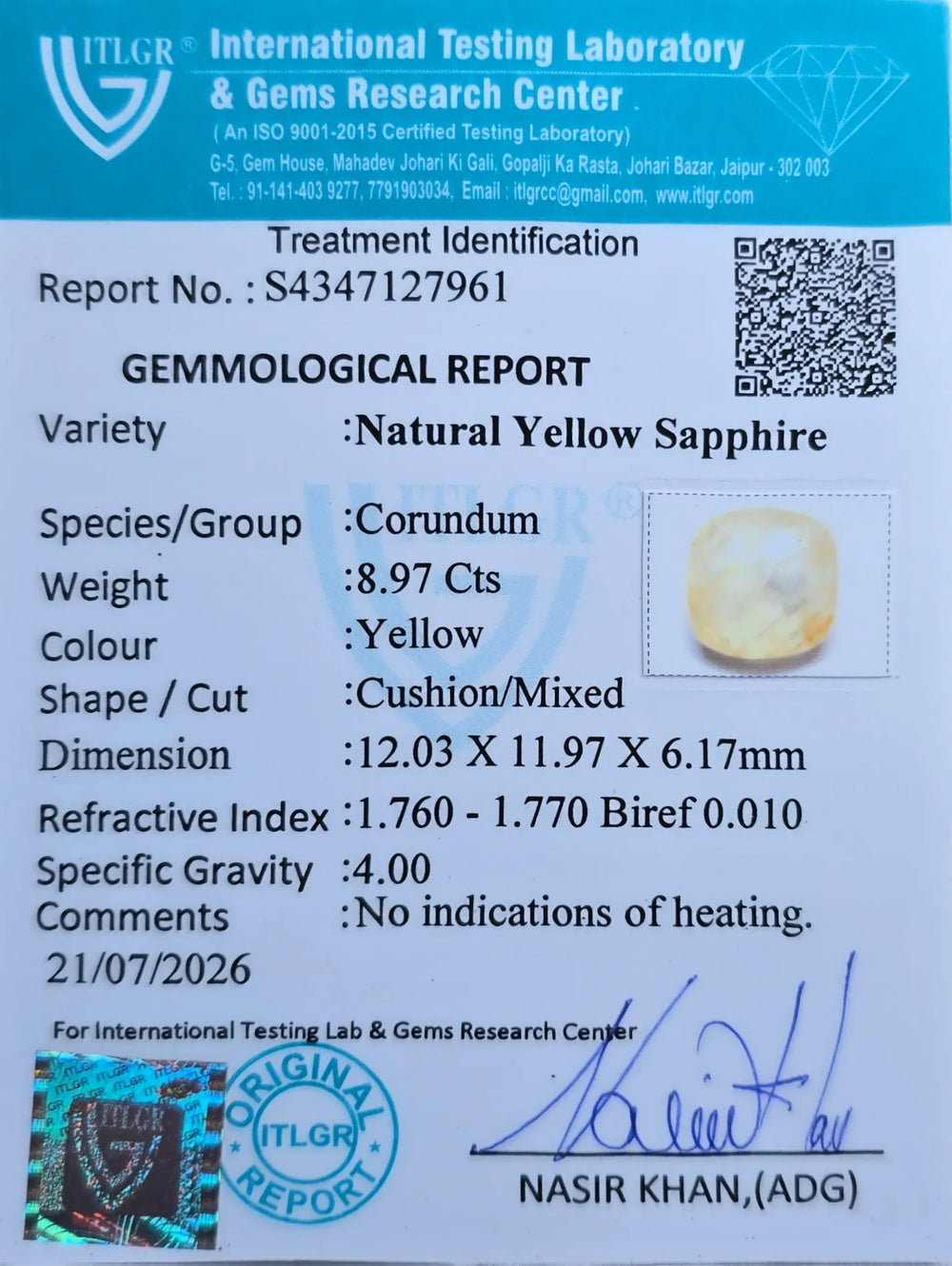 Sri Lankan Yellow Sapphire (Pukhraj) 8.97 Carat / 9.97 Ratti, Unheated and Untreated – No indications of treatment observed – ITLGR certificate no. 12