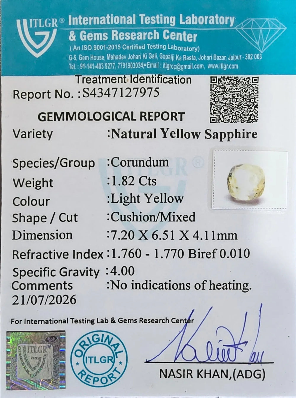 Sri Lankan Yellow Sapphire (Pukhraj) 1.82 Carat / 2.03 Ratti, Unheated and Untreated – No indications of treatment observed – ITLGR certificate no. 12