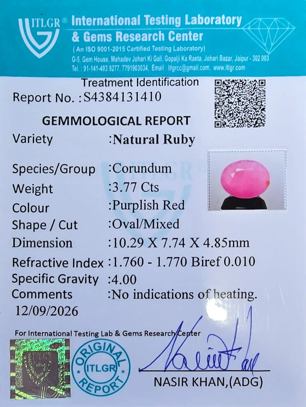 African Ruby (Manik) 3.77 Carat / 4.19 Ratti, Unheated and Untreated – No indications of treatment observed – ITLGR certificate no. 131410