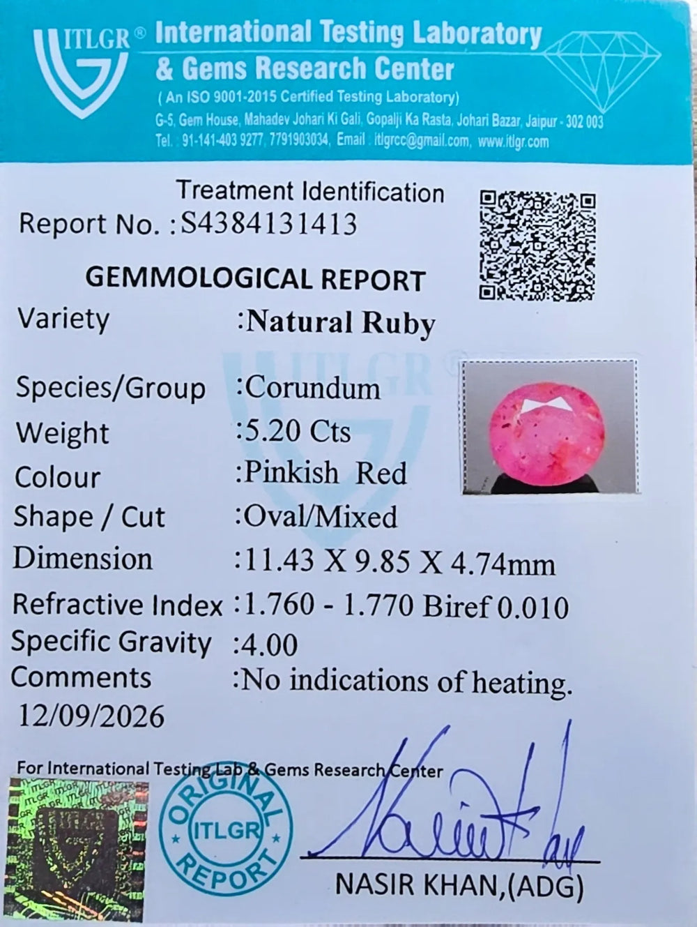 African Ruby (Manik) 5.2 Carat / 5.78 Ratti, Unheated and Untreated – No indications of treatment observed – ITLGR certificate no. 131413