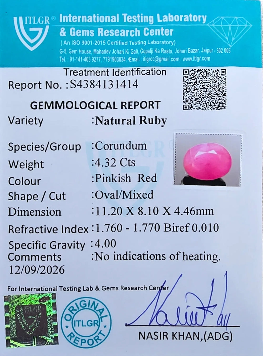African Ruby (Manik) 4.32 Carat / 4.8 Ratti, Unheated and Untreated – No indications of treatment observed – ITLGR certificate no. 131414
