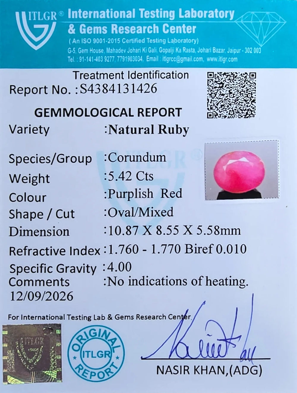African Ruby (Manik) 5.42 Carat / 6.03 Ratti, Unheated and Untreated – No indications of treatment observed – ITLGR certificate no. 131426