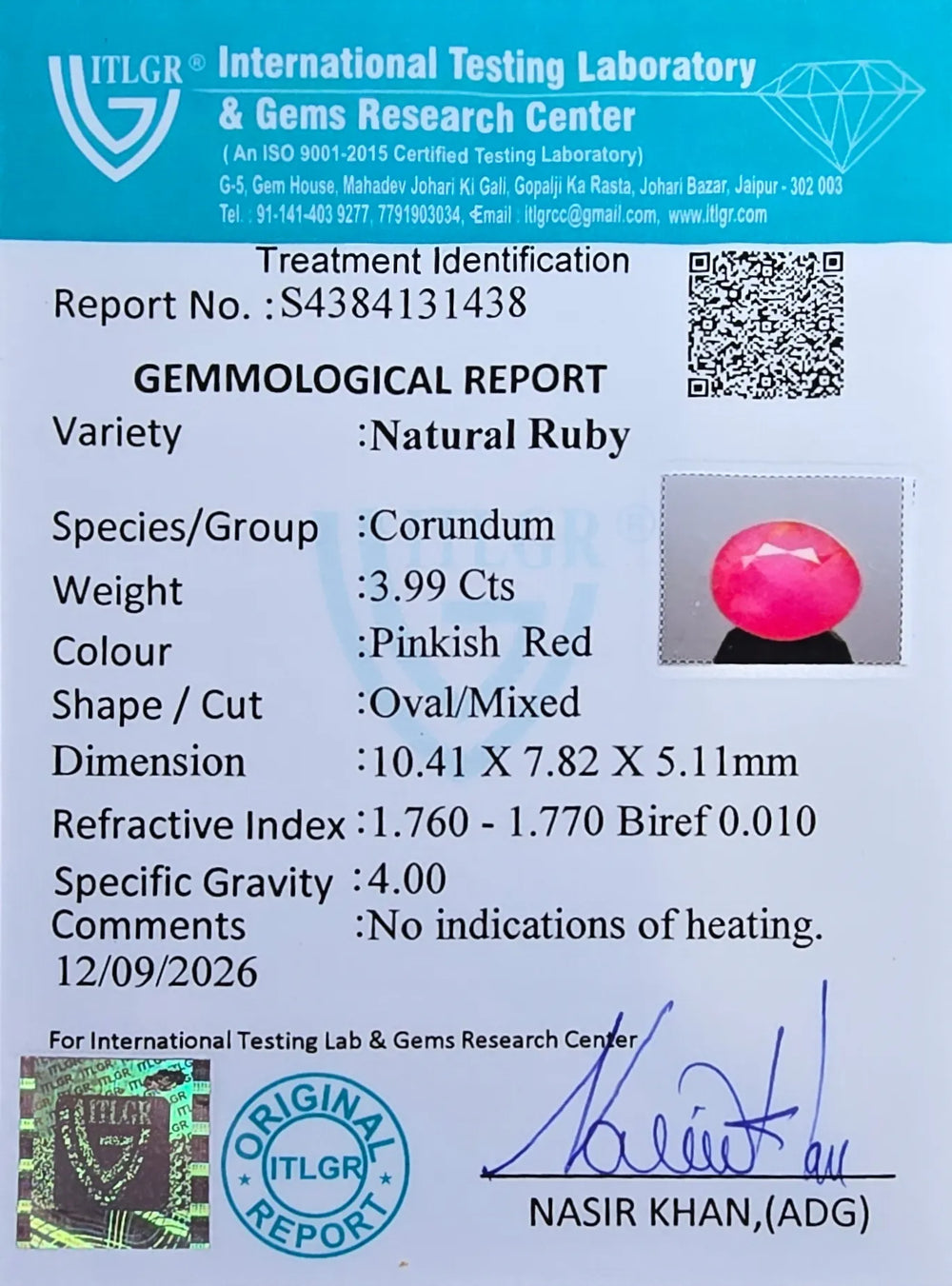 African Ruby (Manik) 3.99 Carat / 4.44 Ratti, Unheated and Untreated – No indications of treatment observed – ITLGR certificate no. 131438