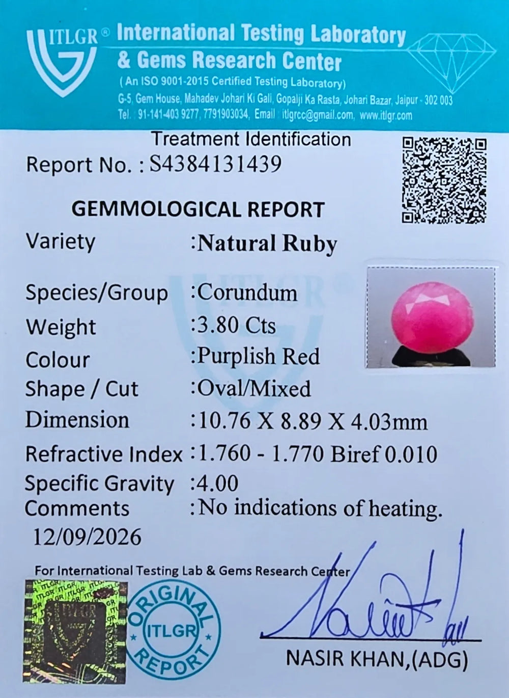 African Ruby (Manik) 3.8 Carat / 4.23 Ratti, Unheated and Untreated – No indications of treatment observed – ITLGR certificate no. 131439