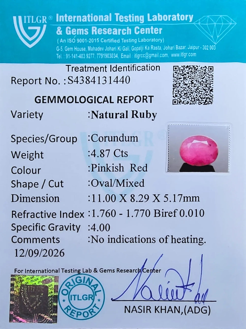 African Ruby (Manik) 4.87 Carat / 5.42 Ratti, Unheated and Untreated – No indications of treatment observed – ITLGR certificate no. 131440