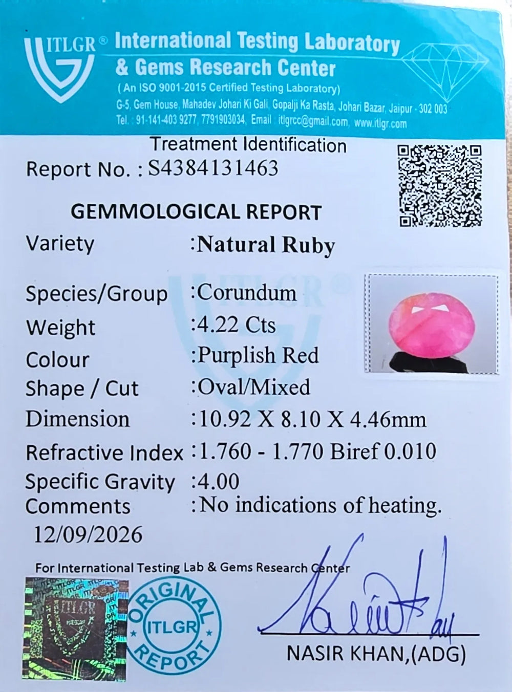 African Ruby (Manik) 4.22 Carat / 4.69 Ratti, Unheated and Untreated – No indications of treatment observed – ITLGR certificate no. 131463
