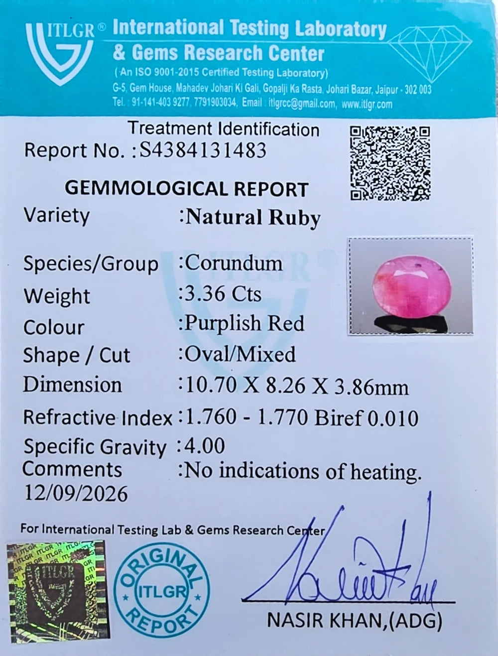 African Ruby (Manik) 3.36 Carat / 3.74 Ratti, Unheated and Untreated – No indications of treatment observed – ITLGR certificate no. 131483
