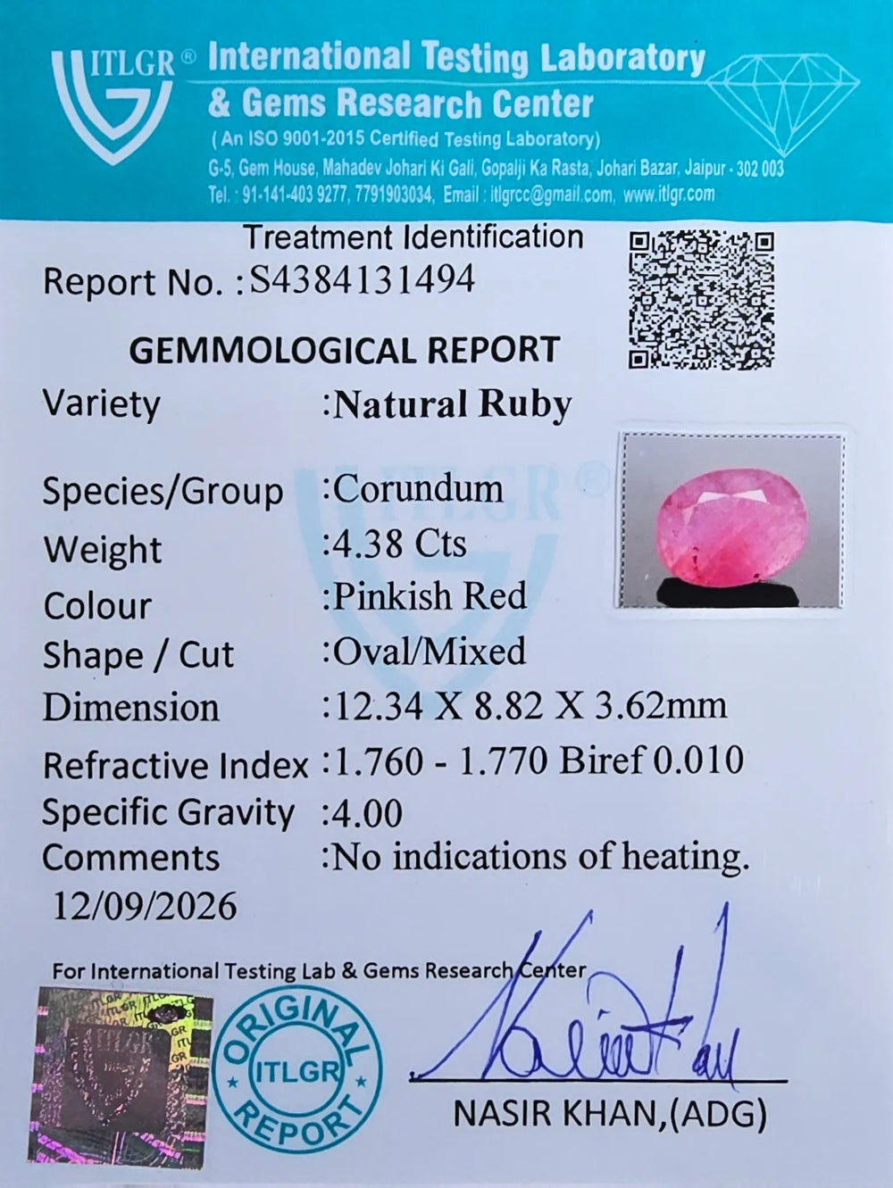 African Ruby (Manik) 4.38 Carat / 4.87 Ratti, Unheated and Untreated – No indications of treatment observed – ITLGR certificate no. 131494