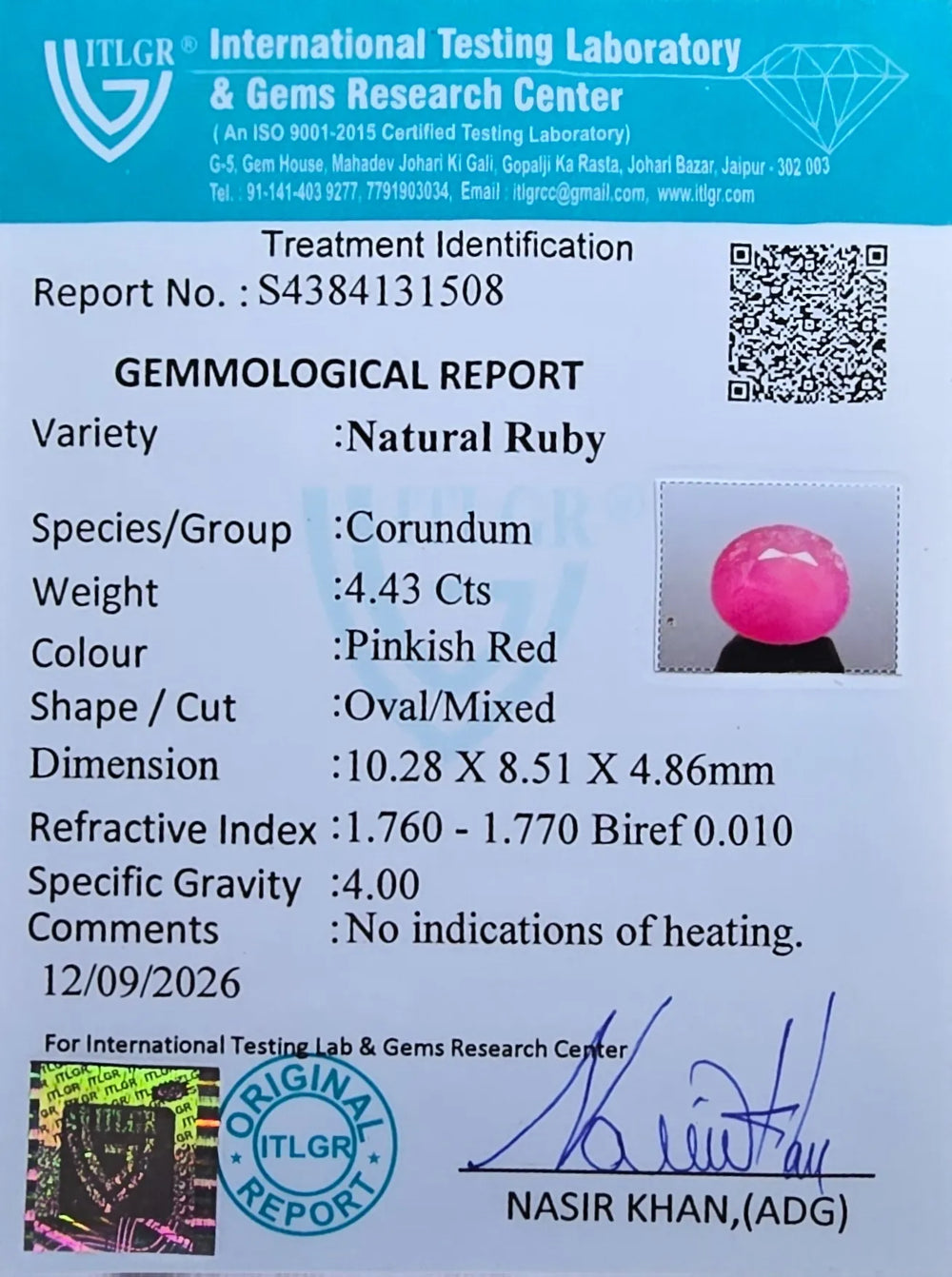 African Ruby (Manik) 4.43 Carat / 4.93 Ratti, Unheated and Untreated – No indications of treatment observed – ITLGR certificate no. 131508