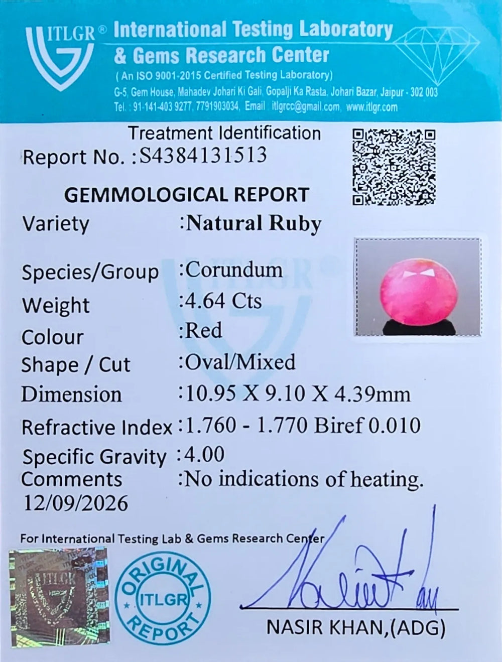 African Ruby (Manik) 4.64 Carat / 5.16 Ratti, Unheated and Untreated – No indications of treatment observed – ITLGR certificate no. 131513