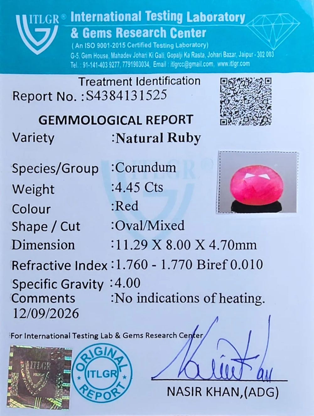 African Ruby (Manik) 4.45 Carat / 4.95 Ratti, Unheated and Untreated – No indications of treatment observed – ITLGR certificate no. 131525