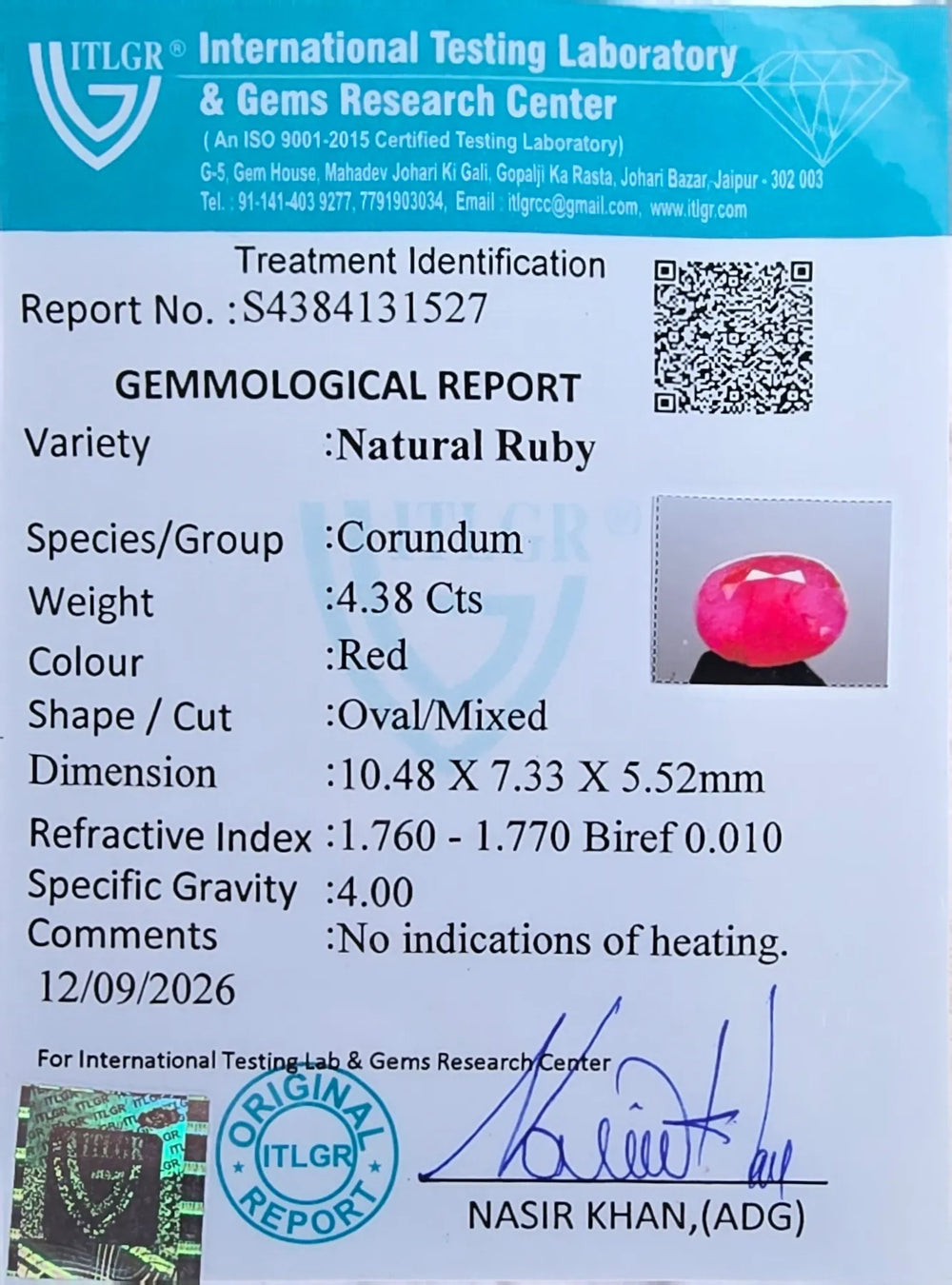 African Ruby (Manik) 4.38 Carat / 4.87 Ratti, Unheated and Untreated – No indications of treatment observed – ITLGR certificate no. 131527
