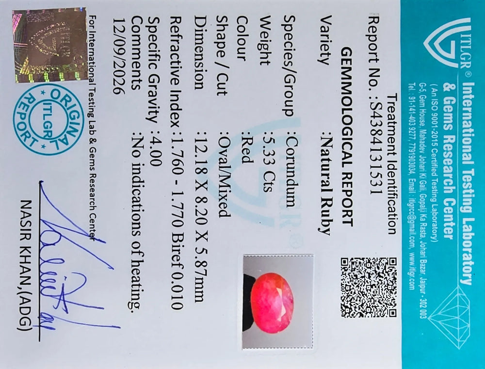 African Ruby (Manik) 5.33 Carat / 5.93 Ratti, Unheated and Untreated – No indications of treatment observed – ITLGR certificate no. 131531