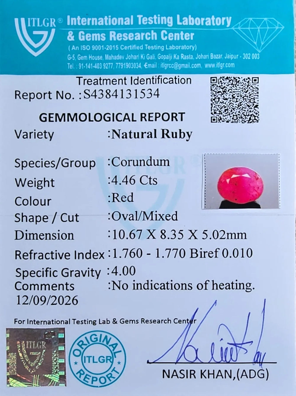 African Ruby (Manik) 4.46 Carat / 4.96 Ratti, Unheated and Untreated – No indications of treatment observed – ITLGR certificate no. 131534