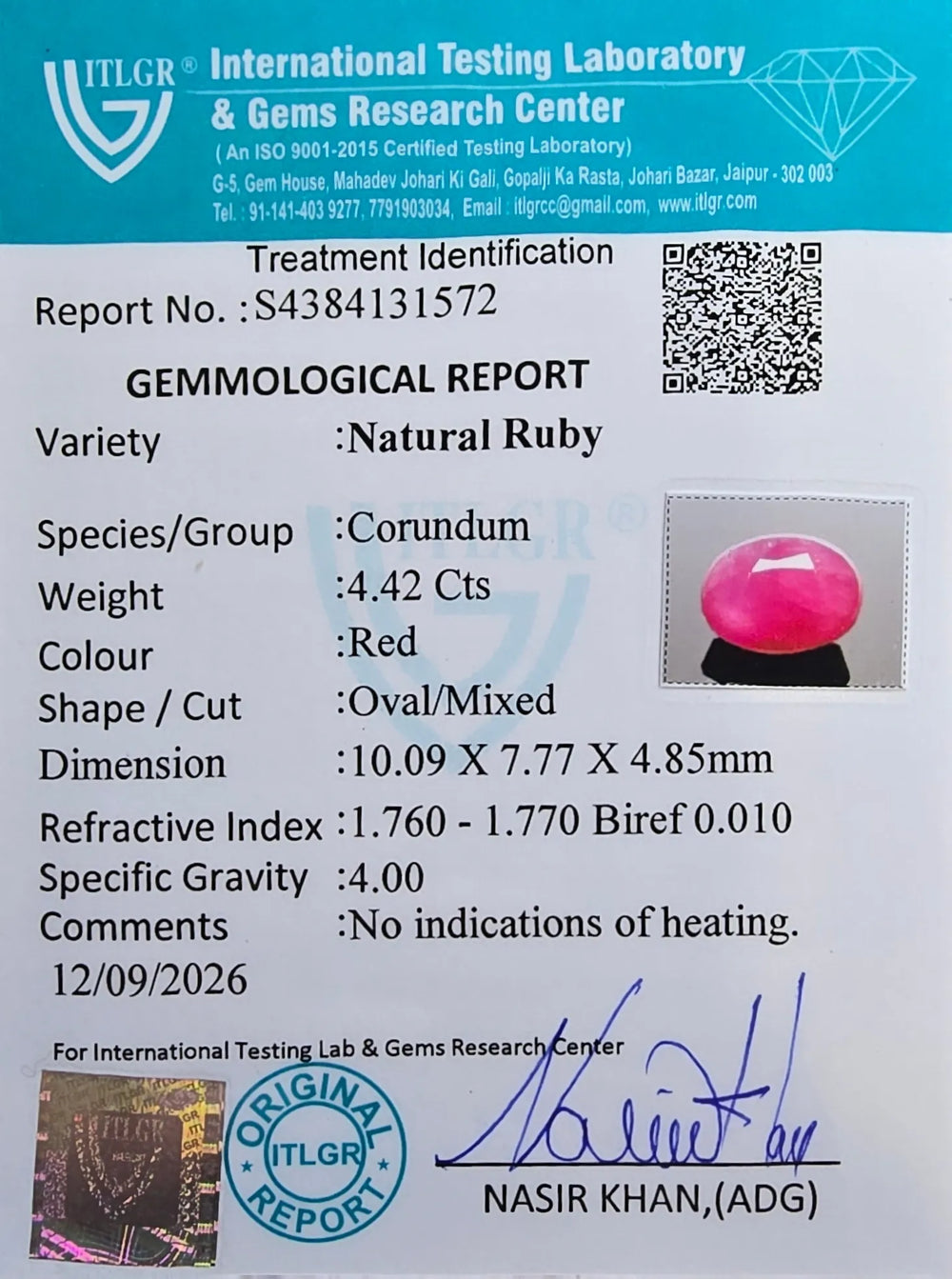 African Ruby (Manik) 4.42 Carat / 4.92 Ratti, Unheated and Untreated – No indications of treatment observed – ITLGR certificate no. 131572