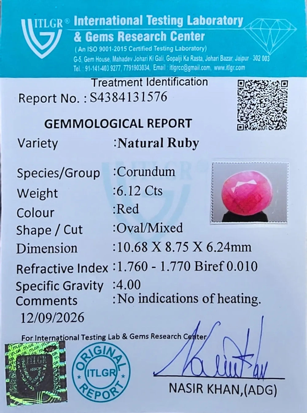 African Ruby (Manik) 6.12 Carat / 6.8 Ratti, Unheated and Untreated – No indications of treatment observed – ITLGR certificate no. 131576