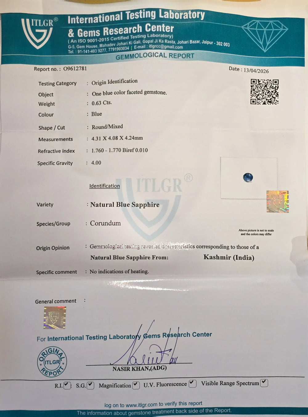 Kashmir Blue Sapphire (Neelam) 0.63 Carat / 0.7 Ratti, Unheated and Untreated – No indications of treatment observed – ITLGR certificate no. 2781