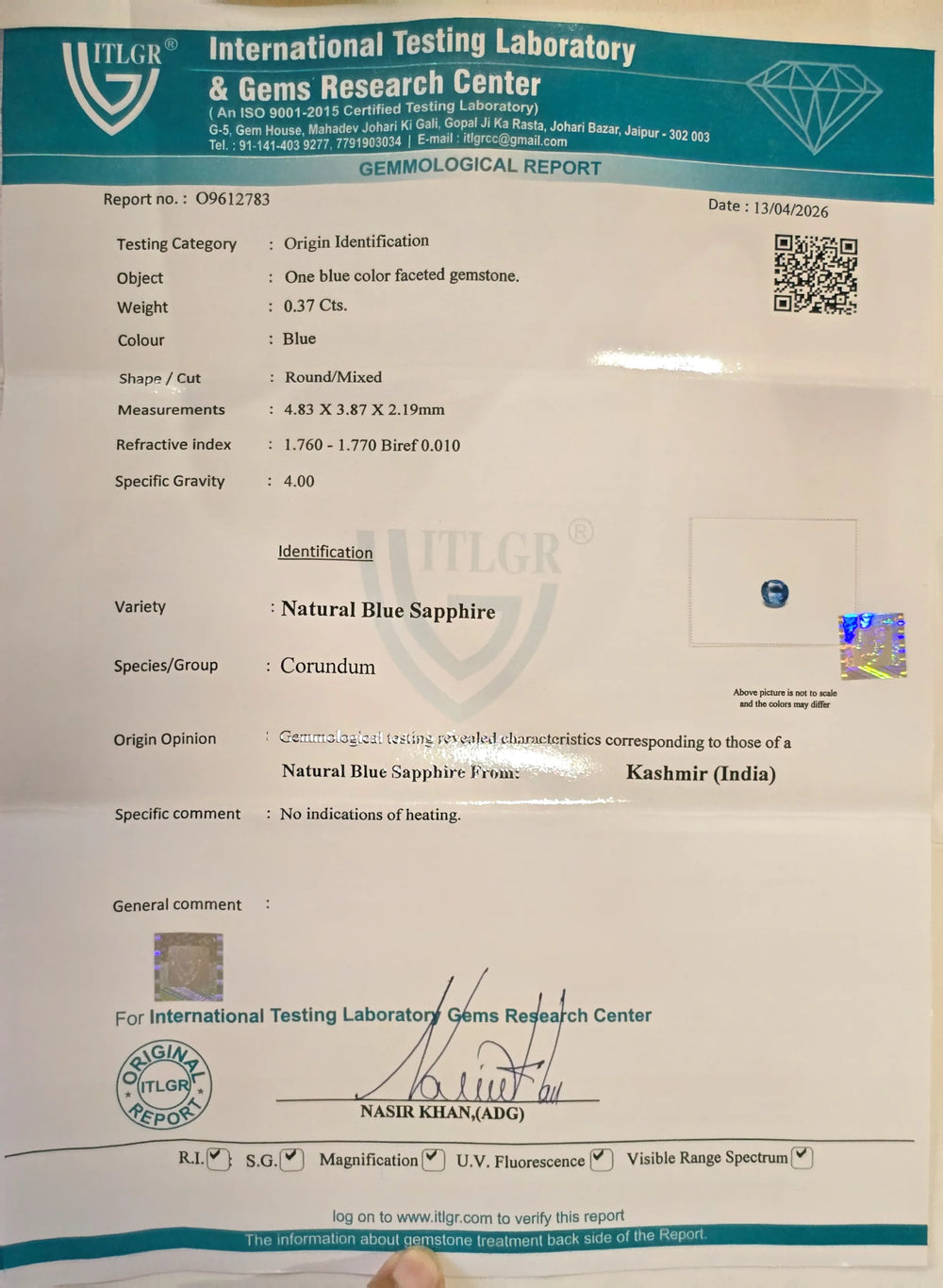 Kashmir Blue Sapphire (Neelam) 0.37 Carat / 0.42 Ratti, Unheated and Untreated – No indications of treatment observed – ITLGR certificate no. 2783