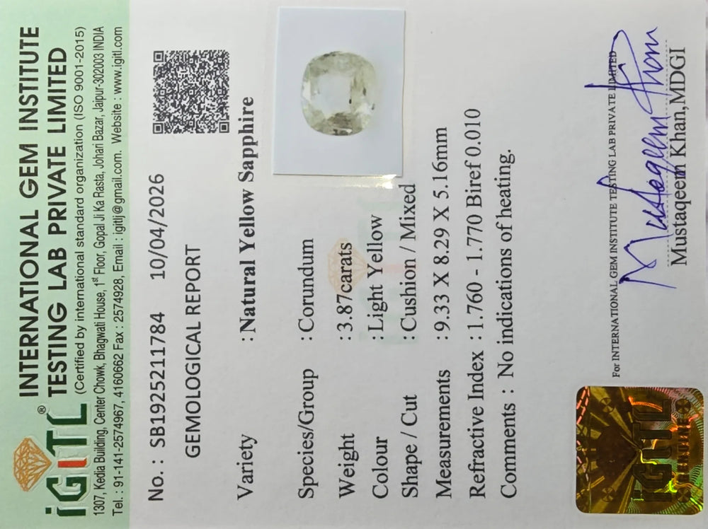 Sri Lankan Yellow Sapphire (Pukhraj) 3.87 Carat / 4.3 Ratti, Unheated and Untreated – No indications of treatment observed – IGITL certificate no. 211