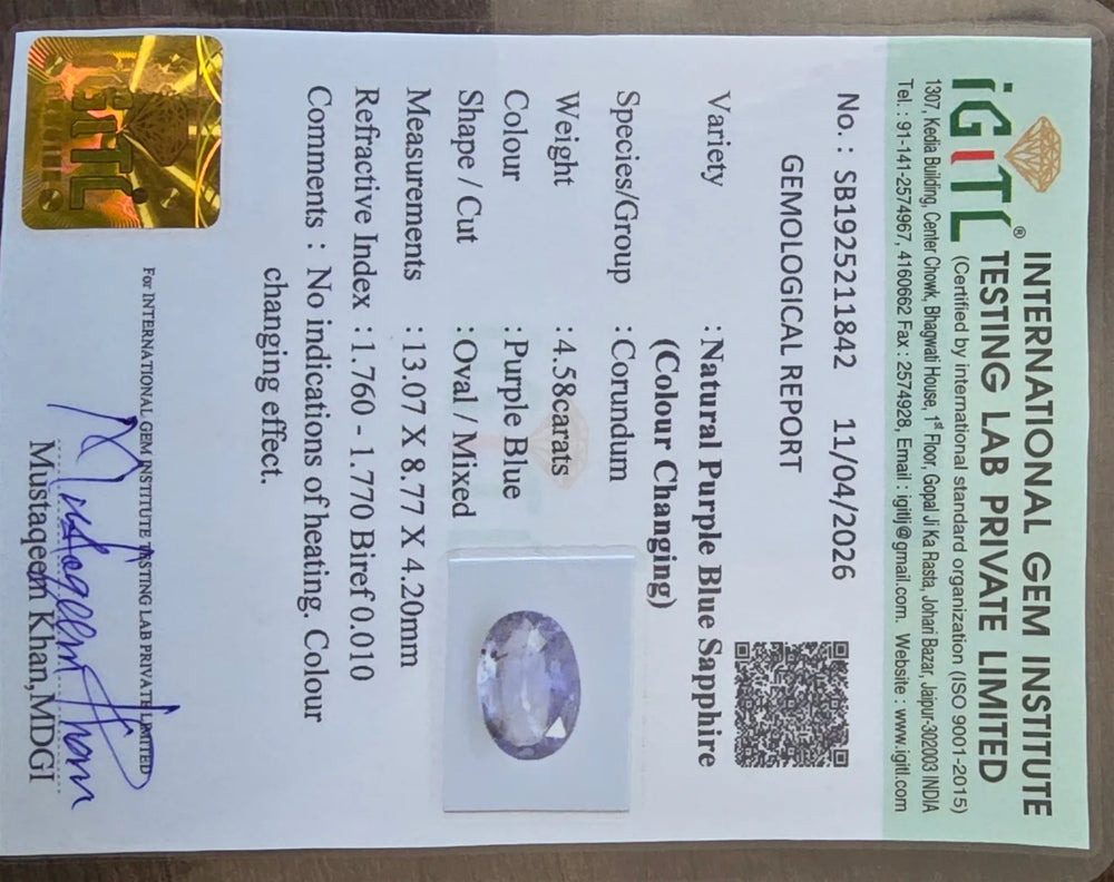 Sri Lankan Colour Change Sapphires 4.58 Carat / 5.09 Ratti, Unheated and Untreated – No indications of treatment observed – IGITL certificate no. 2118