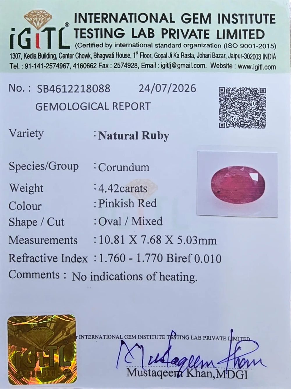 Mozambique Ruby (Manik) 4.42 Carat / 4.92 Ratti, Unheated and Untreated – No indications of treatment observed – IGITL certificate no. 218088