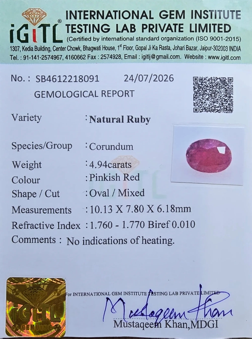 Mozambique Ruby (Manik) 4.94 Carat / 5.49 Ratti, Unheated and Untreated – No indications of treatment observed – IGITL certificate no. 218091