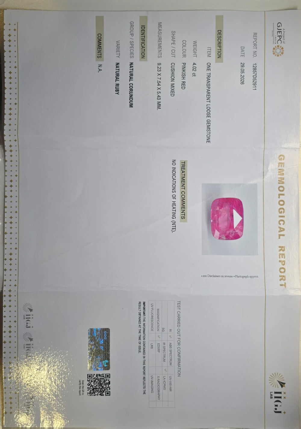 Sri Lankan Ruby (Manik) 4.02 Carat / 4.47 Ratti, Unheated and Untreated – No indications of treatment observed – IIGJ certificate no. 52911