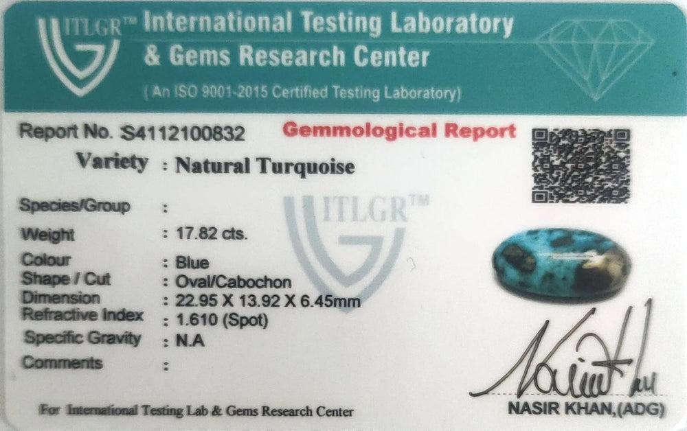 Irani Turquoise (Firoza) 17.82 Carat / 19.8 Ratti, Unheated and Untreated – No indications of treatment observed – ITLGR certificate no. 100832