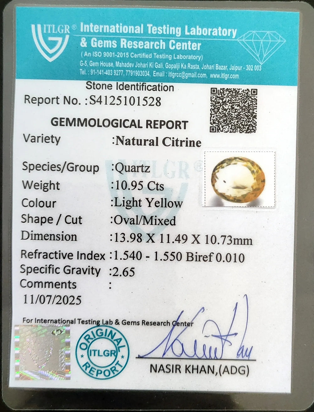 Brazilian Citrine 10.95 Carat / 12.17 Ratti, Unheated and Untreated – No indications of treatment observed – ITLGR certificate no. 101528