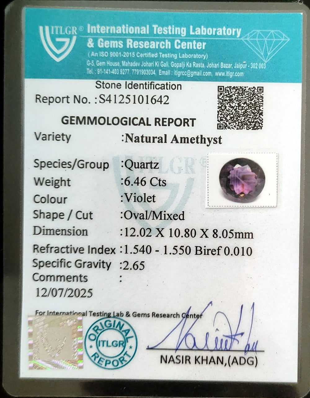 Brazilian Amethyst (Jamunia) 6.46 Carat / 7.18 Ratti, Unheated and Untreated – No indications of treatment observed – ITLGR certificate no. 101642